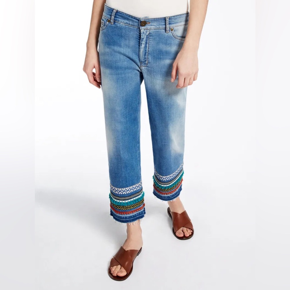 MaxMara Light Blue Cropped Jeans with Multicolor Embroidered Hem